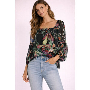 Anthro Lil Sire Floral Puff Sleeve Blouse Small Black Smocked Sheer Boho Top